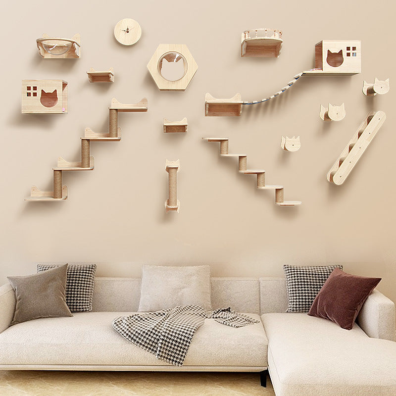 Wall-Mounted Cat Climbing Frame — Solid Wood