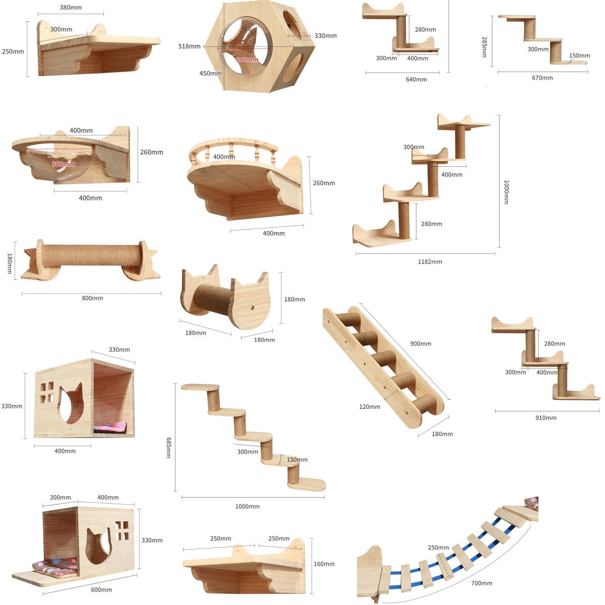Wall-Mounted Cat Climbing Frame — Solid Wood
