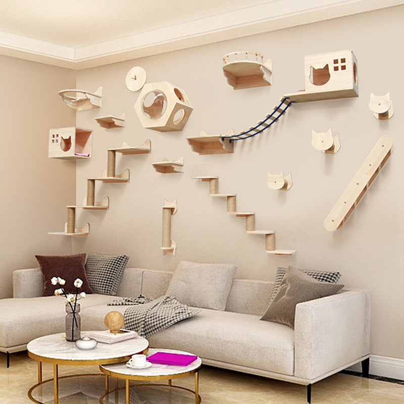 Wall-Mounted Cat Climbing Frame — Solid Wood